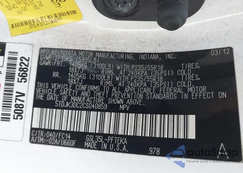 2012 Toyota Sienna Le 7 Passenger from USA, damaged, VIN 5TDJK3DC2CS040859